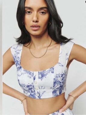 Reformation Teya Crop top in Lupines Linen Blue Floral Size 6